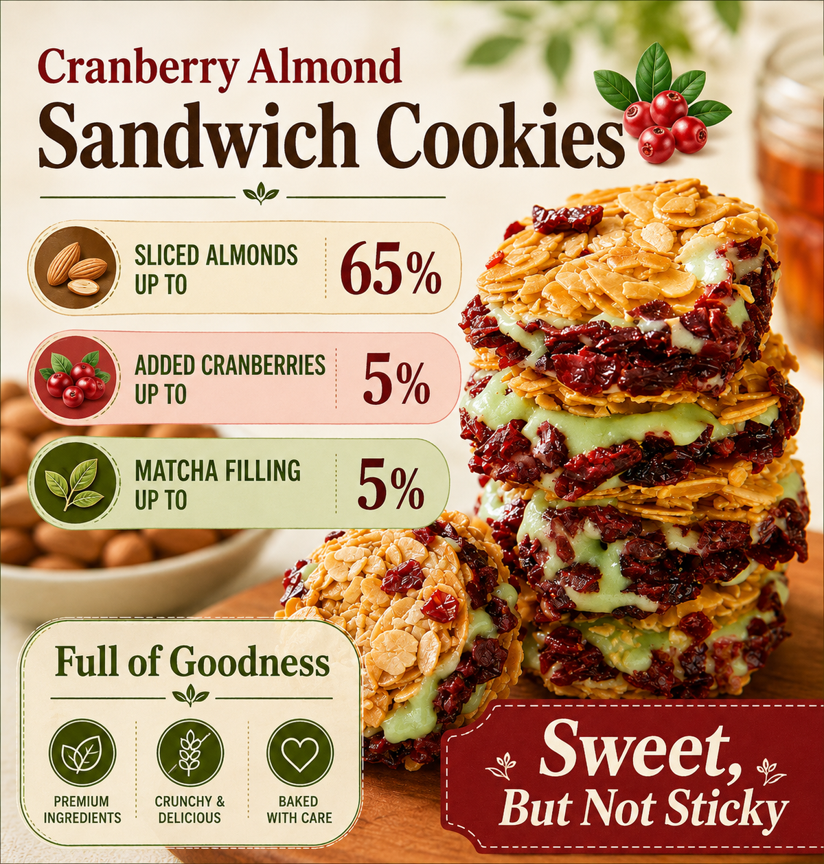 Cranberry & Matcha Cream-Filled Crispy Cookies-Jani